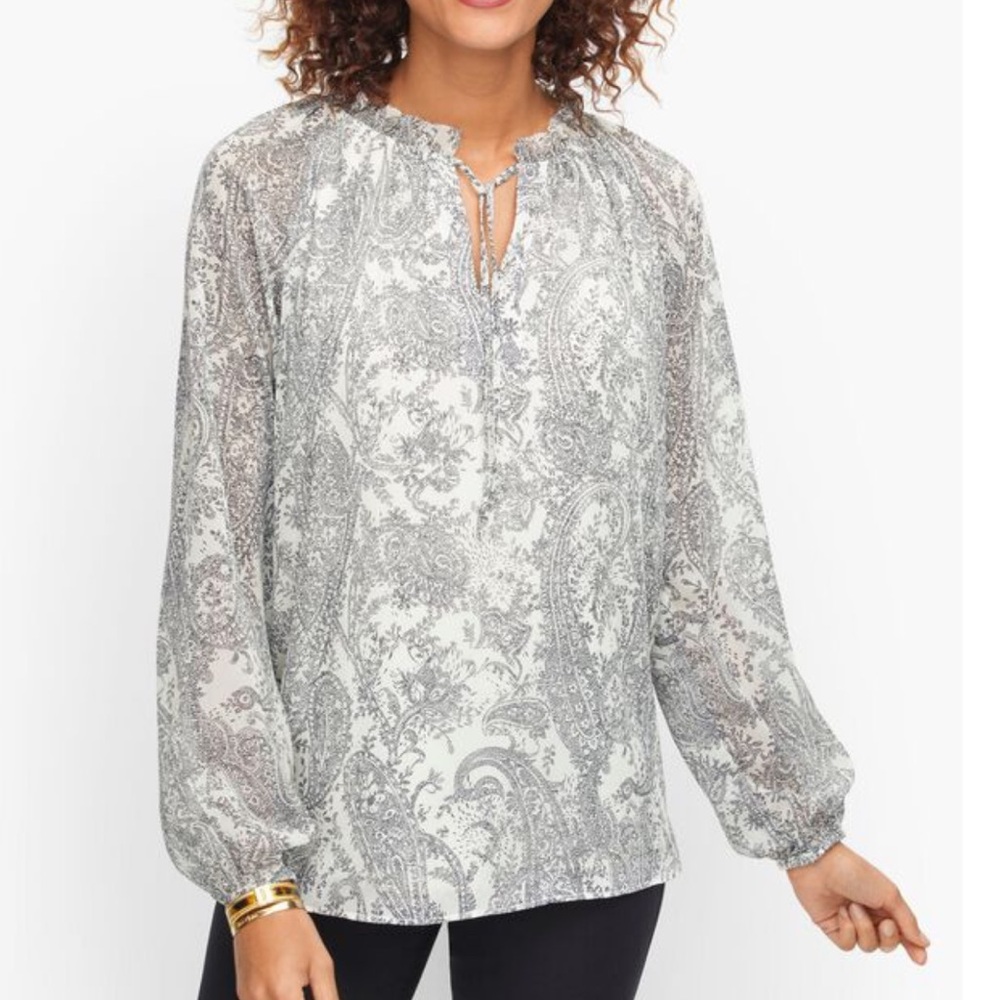 Talbots SHIRRED TIE NECK TOP - PAISLEY